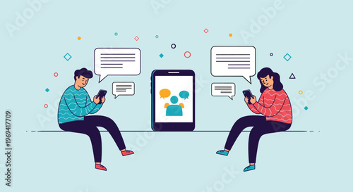 Young man and woman sitting and communicating with each other through messaging apps on their modern smartphones in a digital age.