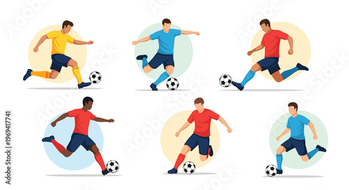 Collection of flat design soccer player icons in various poses showing different types of kicks and movements on a field.