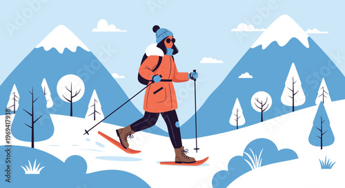 Active woman wearing a warm orange jacket and winter gear snowshoeing across a beautiful mountain landscape with pine trees.