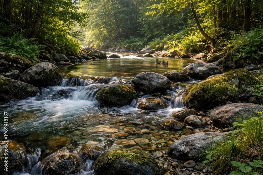 Fototapeta premium Tranquil Freshwater Stream Flowing Over Rocks in Lush Forest