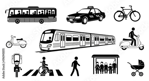Collection of diverse transportation and urban mobility icons.