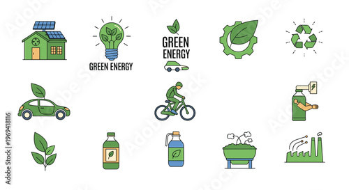 Comprehensive set of green energy and environmental sustainability icons featuring solar power recycling and electric vehicles.