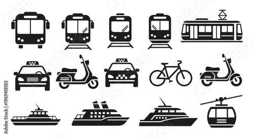 Collection of diverse transportation icons representing various modes of travel.