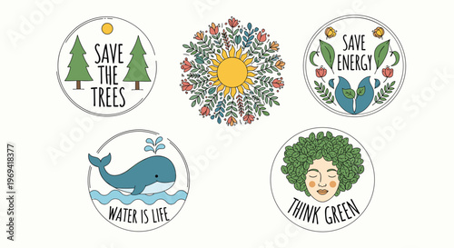 Collection of circular eco friendly badges and stickers promoting environmental awareness with slogans like save the trees.