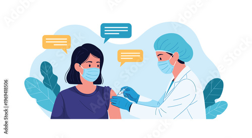 Professional healthcare worker in a medical mask and cap administering a vaccination shot to a patient in a clinic setting.