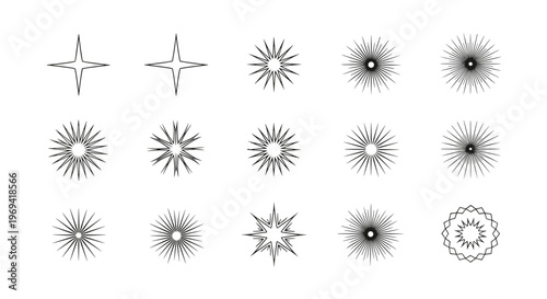 Large set of minimalist line art stars sparkles and sunburst shapes in various designs for modern graphic design projects.