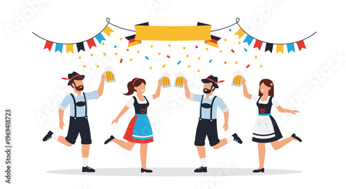 Group of cheerful people in traditional German Bavarian outfits celebrating Oktoberfest with beer and dancing under bunting.
