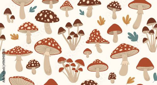 Seamless pattern of various wild mushrooms including fly agaric and earthy fungi in a natural forest style for background.