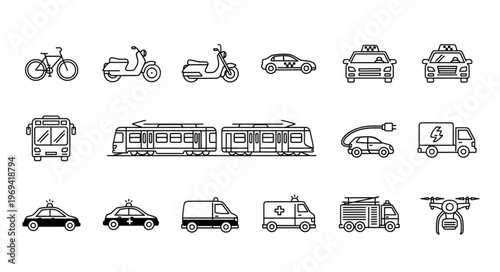 Collection of diverse transportation vehicles and modes in a clean line art style.