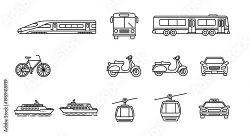 Collection of diverse transportation vehicles and modes of transport.