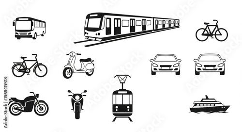 Collection of diverse transportation vehicles icons and symbols.