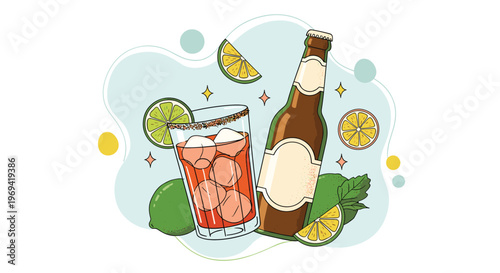 Refreshing summer cocktail in a glass with ice cubes and lime slices next to a brown beer bottle on a soft blue background.