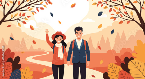 Happy couple in autumn clothing enjoying a walk in a forest with falling leaves and a winding path in background.