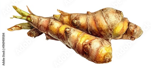 Watercolor illustration of fresh ginger root and shoots, showing natural textures and tones