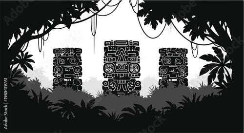 Ancient stone idols stand silently in a dense, mysterious jungle clearing.