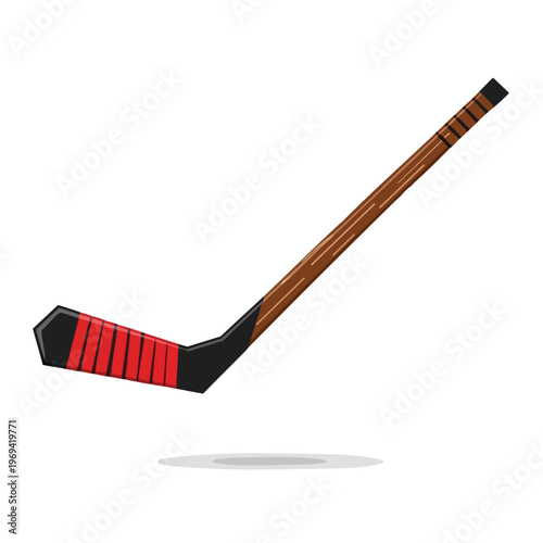 A realistic hockey stick with a red grip and black blade, set against a white background