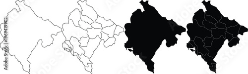 Montenegro country map outline and administrative districts in black and white style