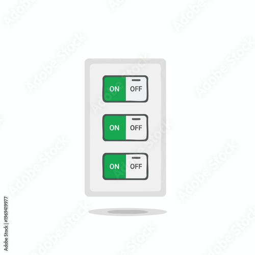 Triple toggle switch in an upright panel, with all toggles set to ON