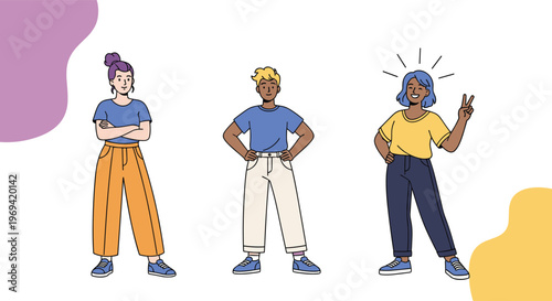 Group of three young people with different hair colors standing together in stylish casual outfits on a white background.
