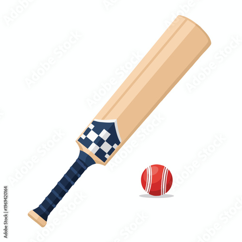 A wooden cricket bat with a checkered grip lies next to a red ball