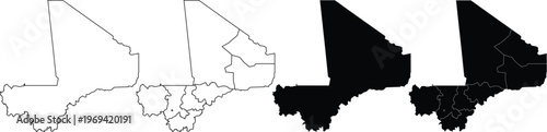 Mali country map outline and silhouette with administrative regions in black and white