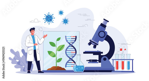 Male scientist conducting biological research in a laboratory using a microscope and examining a plant sample.