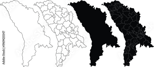 Four variations of moldova map outlines showing country borders and internal district divisions
