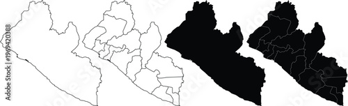 Four variations of the liberia country map showing national borders and internal county divisions