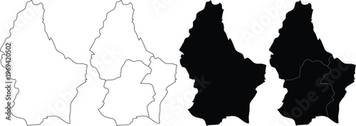 Set of four outline and silhouette maps of luxembourg with and without district divisions