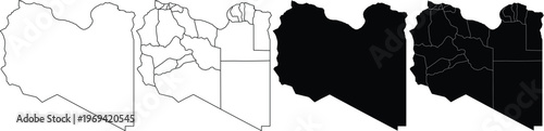 Four variations of libya country map outline and administrative district boundaries