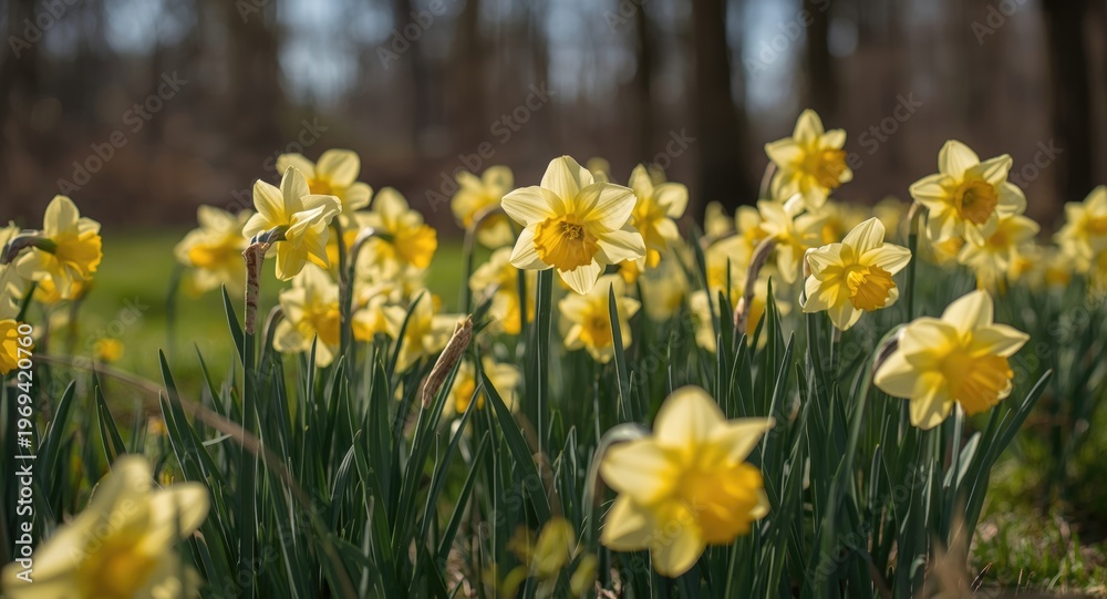 Fototapeta premium Sunny outdoor scene featuring a field of daffodils