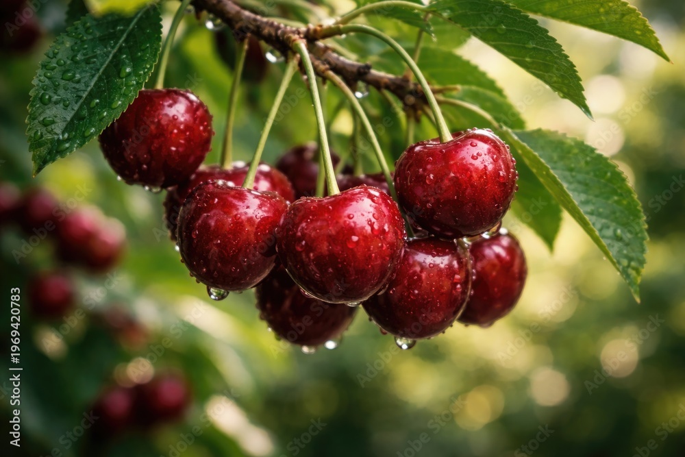 Obraz premium Close up view of ripe wild cherries hanging on tree branches