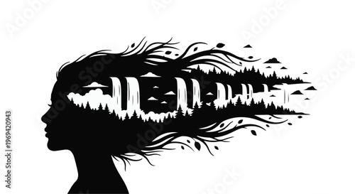 Silhouette of a woman's profile with a vibrant forest and waterfall landscape flowing through her hair.