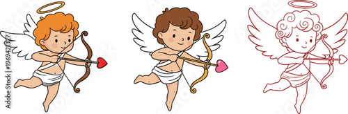 Set of 3 Cute Cupid Illustrations with Bows and Arrows for Valentine's Day, Love, and Romance Designs