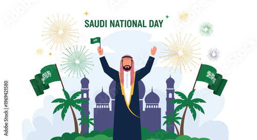 Man in national dress celebrating saudi national day with flags and fireworks in front of a mosque silhouette.