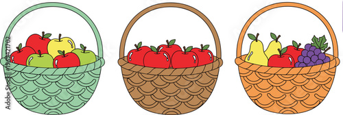 Set of 3 Fruit Baskets with Apples, Pears, and Grapes for Harvest, Farm, and Food Designs