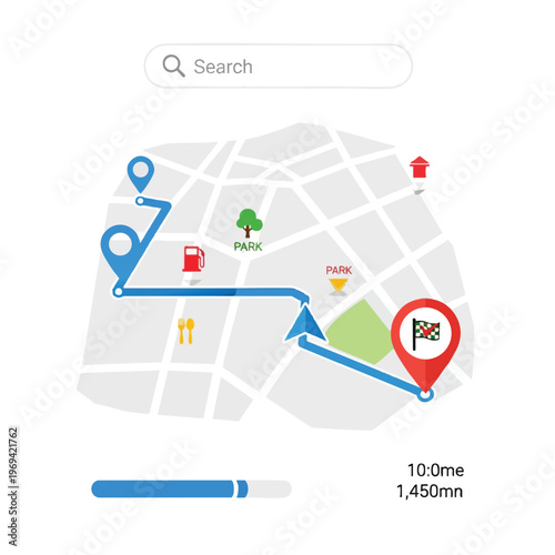 Navigation map displaying route with pins for gas, parks, food, and destination