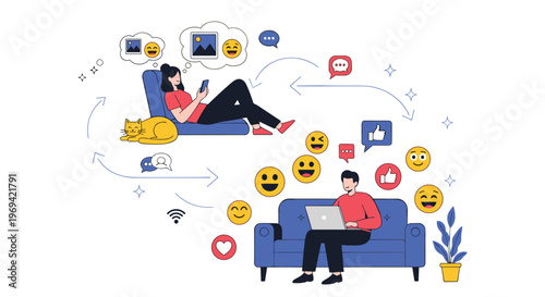 People communicating online from home using laptops and smartphones with emojis and chat icons for social media.