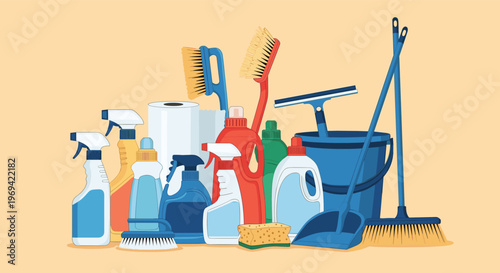 Wide variety of cleaning products and tools including spray bottles, buckets, and brushes for household chores.