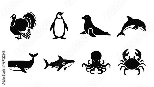 A collection of various marine and avian animals presented in a stark black representation a distinctive silhouette high quality professional detailed