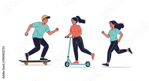 Group of active people enjoying outdoor mobility sports like skateboarding, scooter riding, and running.