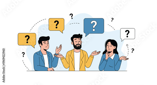 Confused group of people with question marks in speech bubbles discussing a problem or looking for answers.