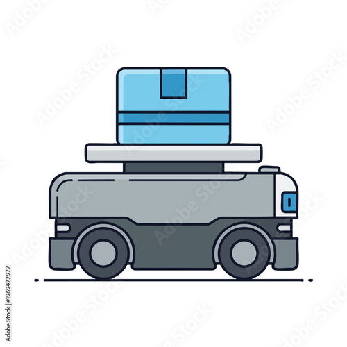 Animated delivery robot carrying a blue package on a flatbed