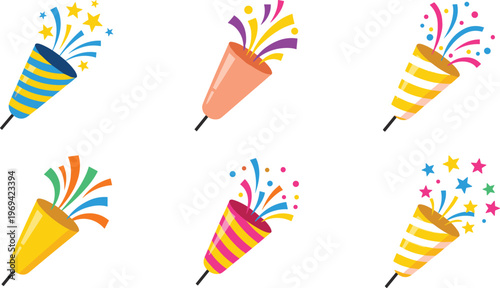 Photos Set of 6 Party Popper Illustrations with Colorful Confetti and Streamers for Cel