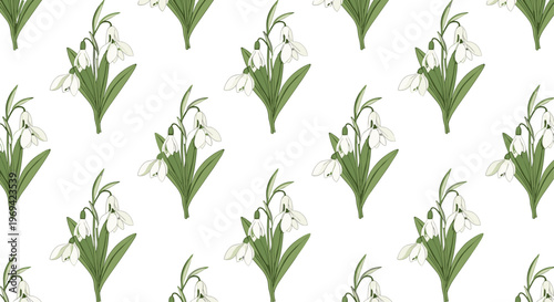 Pattern of Snowdrop Flowers with Green Leaves for Nature, Spring, and Floral Design Projects