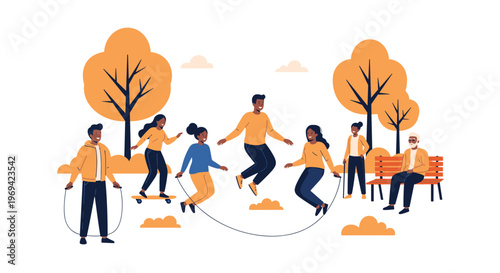 Group of diverse people of different ages enjoying various activities like jumping rope and skateboarding in a beautiful autumn park.