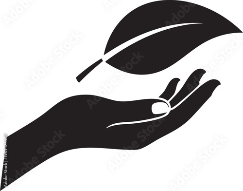 Eco friendly symbol, hand holding leaf, nature conservation icon, environmental protection logo