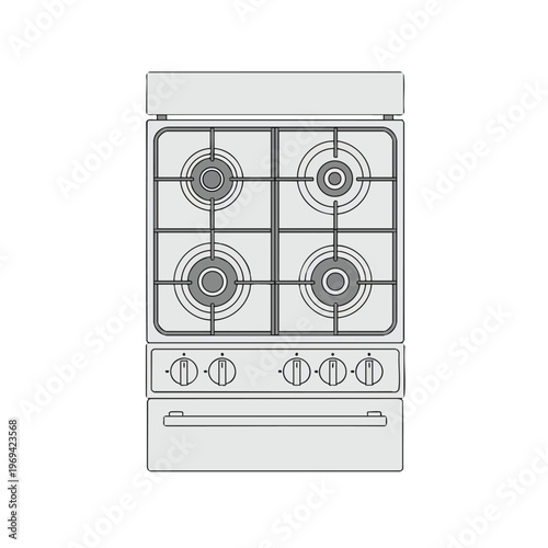Gray kitchen stove with four burners, control knobs, and a storage drawer