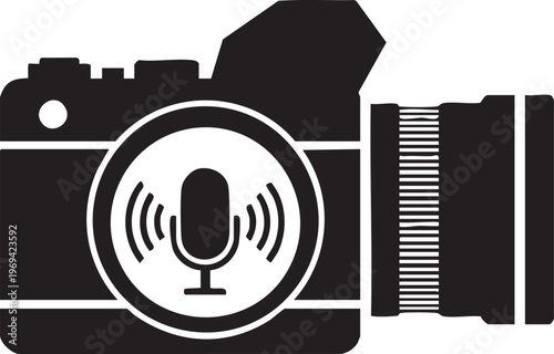 Black camera icon with microphone, podcast recording symbol, voice note vector, audio capture logo