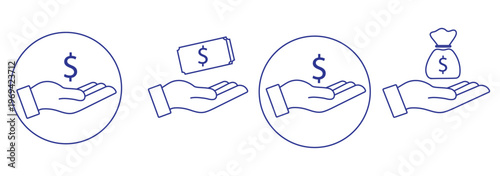 Money in hand icons set. Save money sign. Cash, loan, coin, dollar, saving, budget, earning money, revenue symbol. Hands holding dollar coin flat and line 